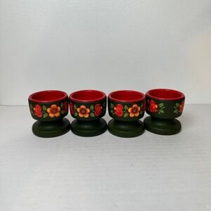 Hand Painted Wooden Egg Cups Set of 4 Floral Design Folk Art‎ Kitchen Decor